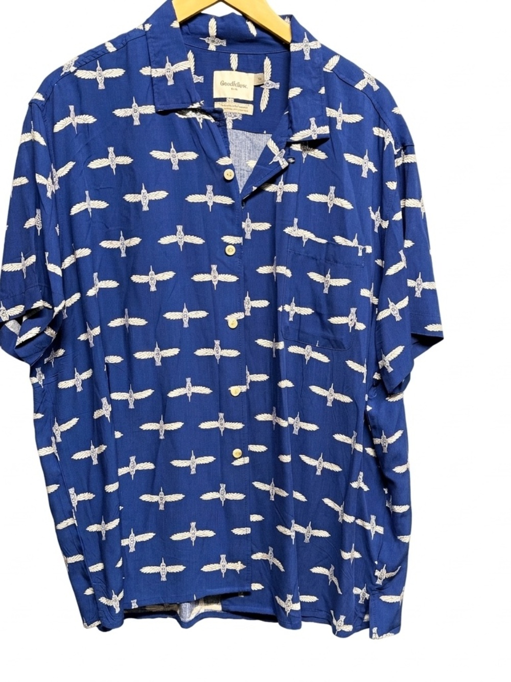 Goodfellow Blue Thunderbird Bird Print Short Sleeve Rayon Shirt Men's XL
